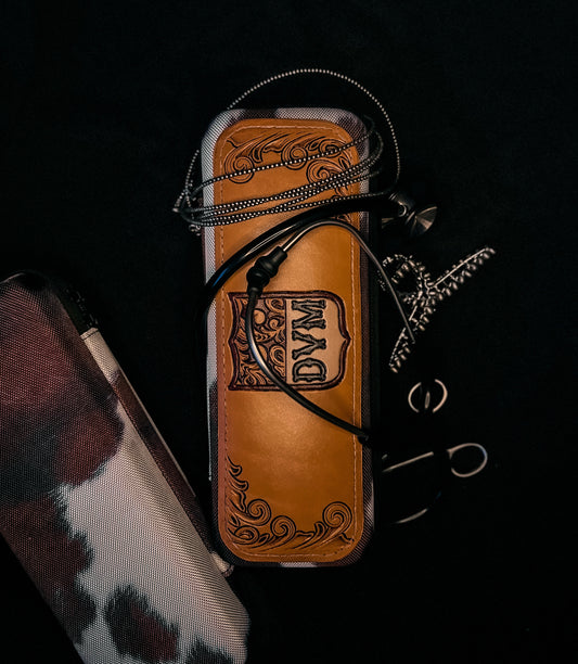 COW PRINT DVM- Tooled Leather Stethoscope Case