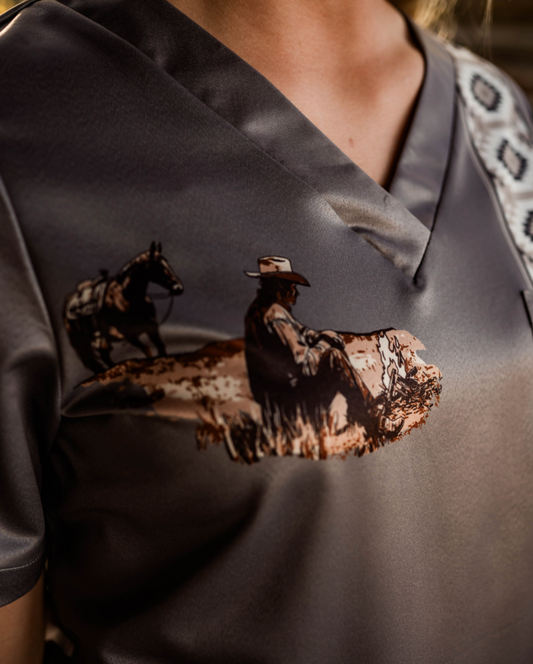 Grey Cowboy Scrub Top