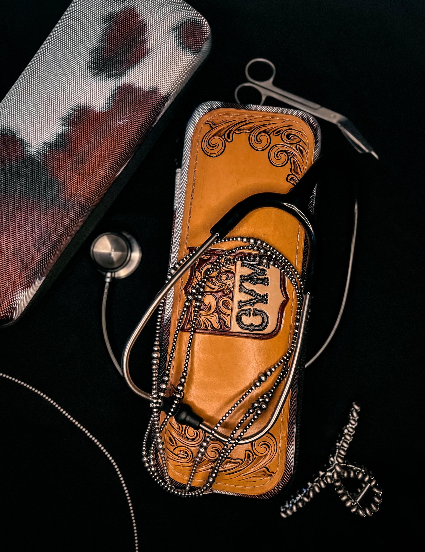 COW PRINT CVM- Tooled Leather Stethoscope Case