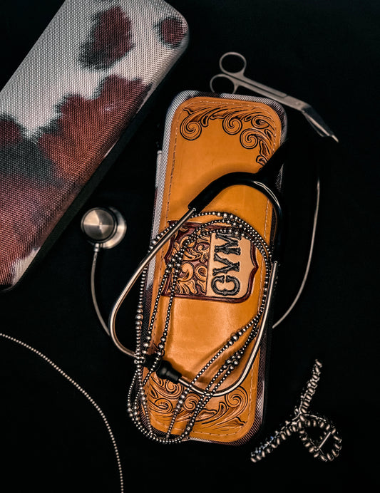 COW PRINT CVM- Tooled Leather Stethoscope Case