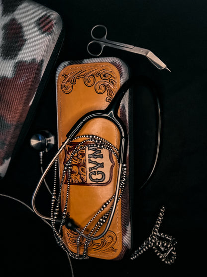 COW PRINT CVM- Tooled Leather Stethoscope Case