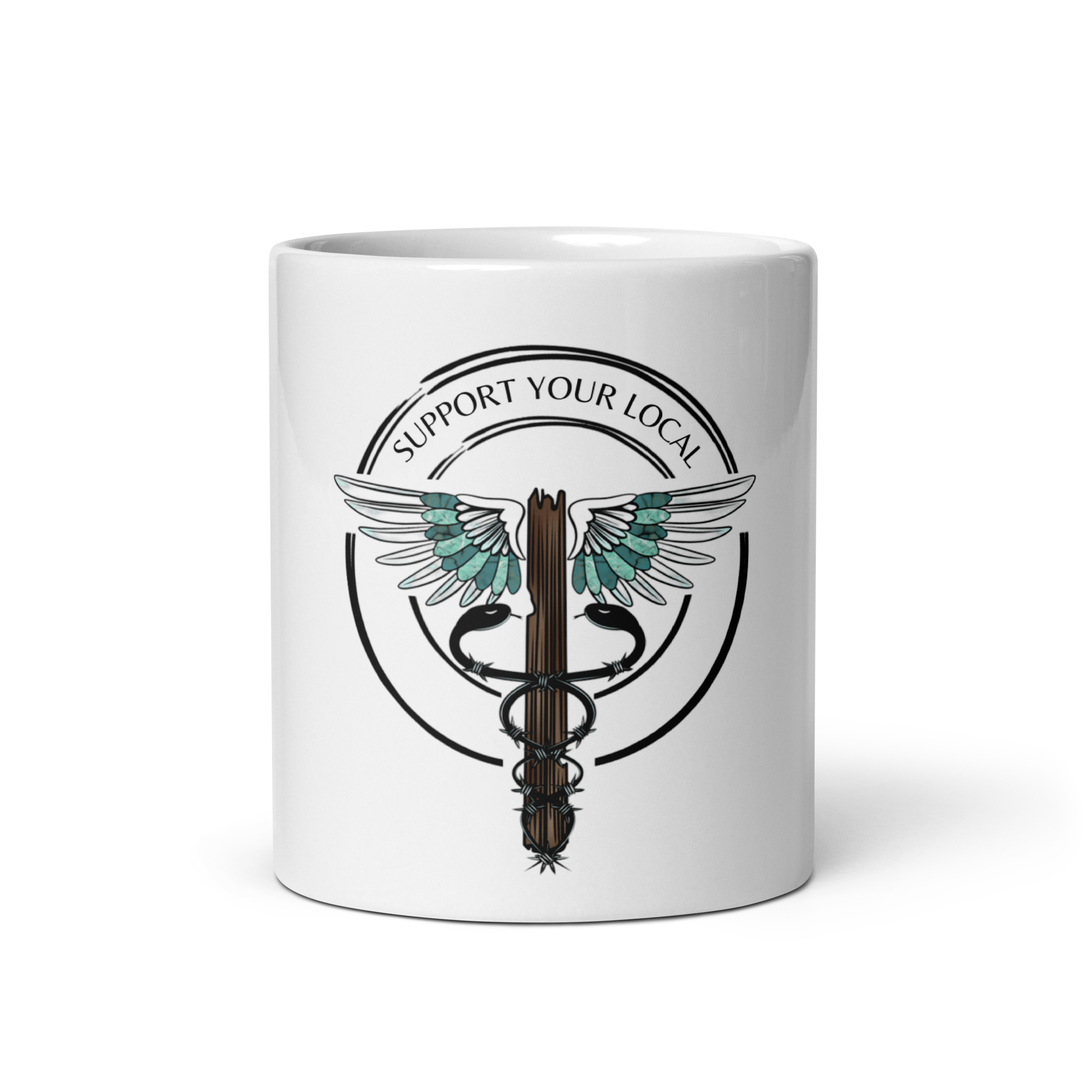 Support Your Local- White Glossy Mug – Spurrin’ Scrubs